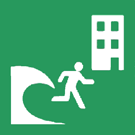 ステッカー：緑色で背後の津波から前方のビルへ走って逃げる人の絵が描かれている