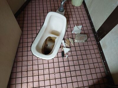 写真：亀の甲児童公園のトイレ。破壊された和式のトイレ。