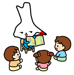 イラスト：子どもたちに絵本の読み聞かせをするココくん