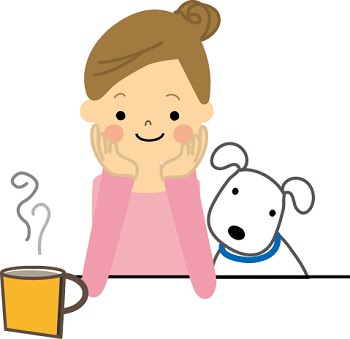 イラスト：お茶を飲みながら休憩する女性と寄り添う犬