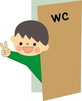 イラスト：男の子がトイレの扉から顔をだしてピースしているようす