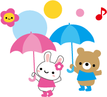 イラスト：雨支度をしたウサギとクマ。雨模様を楽しんでいるようす