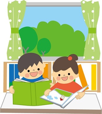 イラスト：きょうだいで仲良く本を読んでいる様子