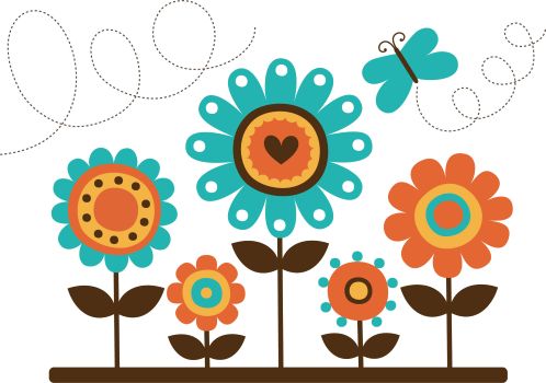 イラスト:きれいに咲いた花と蝶