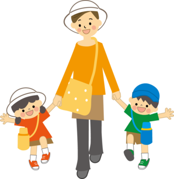 イラスト:母親と小さな子ども2人が手をつないでる