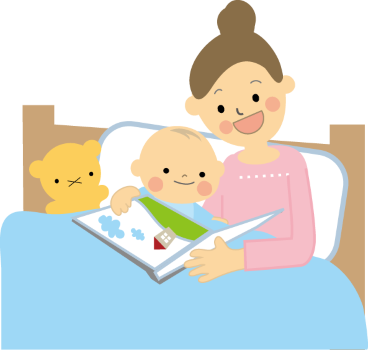 イラスト:お母さんがベッドで子どもに絵本を読み聞かせているようす
