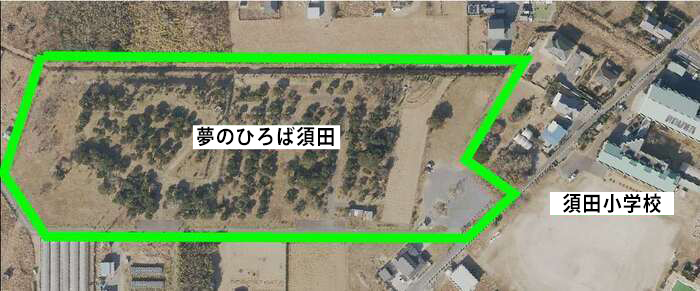 写真：夢のひろば須田の場所を記した航空写真。