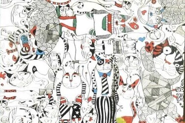 画像：鈴木信也氏の作品 白を基調とし、猫がたくさん描かれている絵画