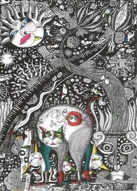 画像：鈴木信也氏の作品 黒を基調とし、猫が描かれている絵画