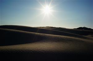 写真：まるで砂漠のような模様ができた砂丘とそれを画面中央で照らす輝く太陽