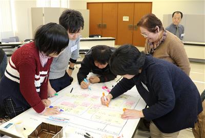 写真：付箋に書いたそれぞれの意見をみんなでまとめている様子