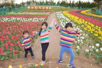 写真:花畑にて、笑顔で手をつなぐ子どもたち