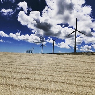 写真：並び立つ数台の風車と砂浜
