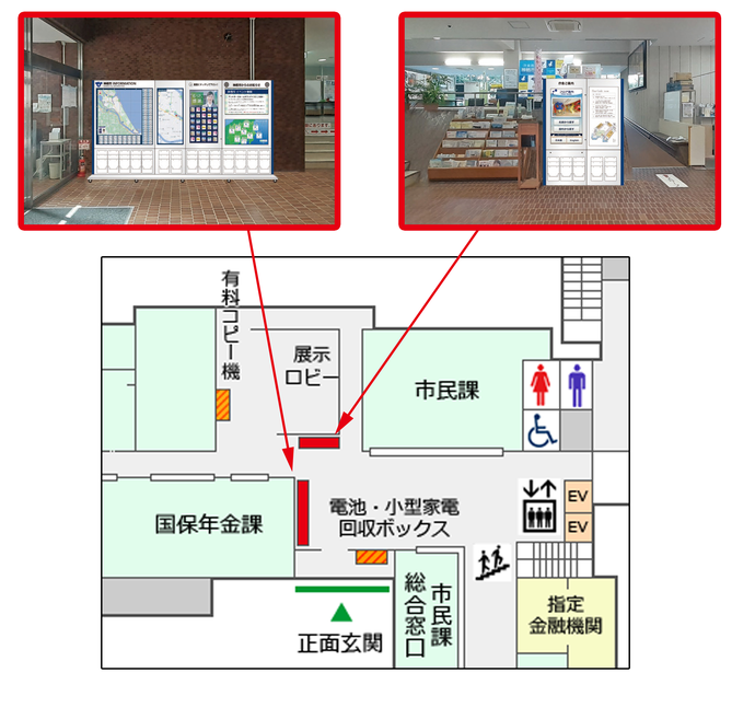 案内図：本庁舎1階の電子案内板の設置箇所