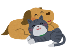 イラスト：仲良く寄り添う犬と猫