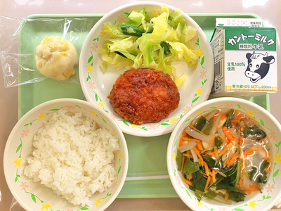 写真：ごはん・牛乳・みそカツ・キャベツといんげんのサラダ・沢煮椀・鬼まんじゅう