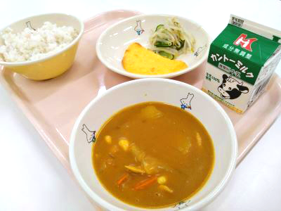 写真：麦ご飯、牛乳、プレーンオムレツ、もやしときゅうりのサラダ、ドレッシング、ポークカレー