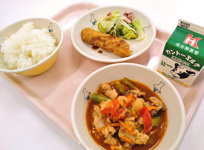 写真：ご飯、牛乳、パンガシウスフライ(ソース)、たこのセビーチェ、豚肉のサルタード