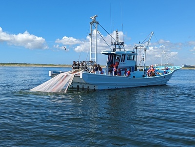 写真：漁船に網を引き上げる様子