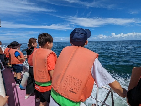 写真：船上からイルカやクジラを探している子どもたち