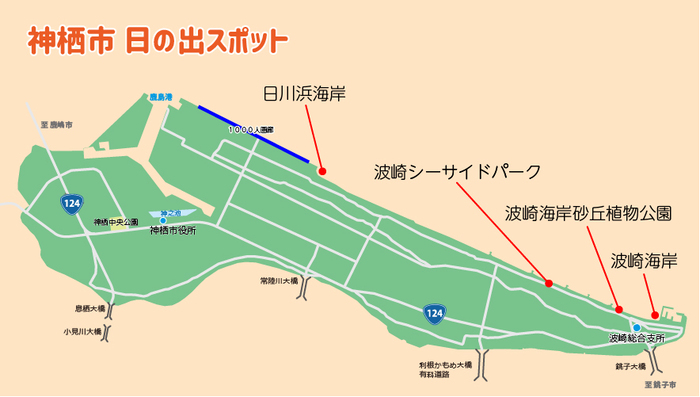 イメージ図:日川浜海岸、波崎シーサイドパーク、波崎海岸砂丘植物公園、波崎海岸が記された神栖市の日の出スポットの地図