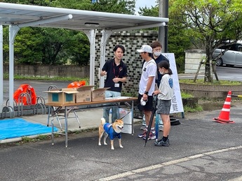 写真：犬をつれて避難する市民