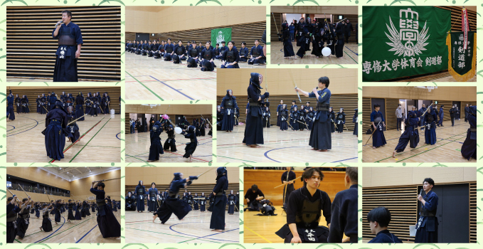 写真：専修大学剣道部合宿の様子。部員の説明を聴き入る小・中学生達