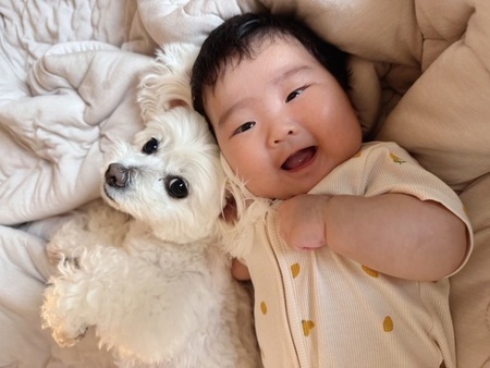 写真：赤ちゃんと犬がベッドに寝転び仲よさそうにしている様子