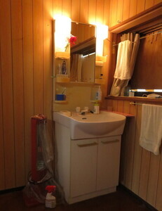 写真：洗面台が備えており、洗濯機もおける洗面室