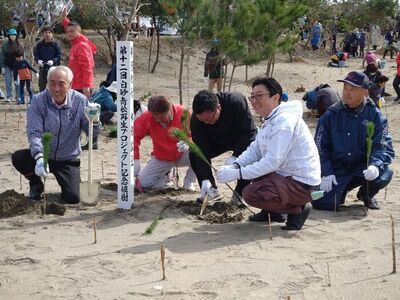 写真：2026年3月1日撮影。ボランティアとともに松を植樹する市長。